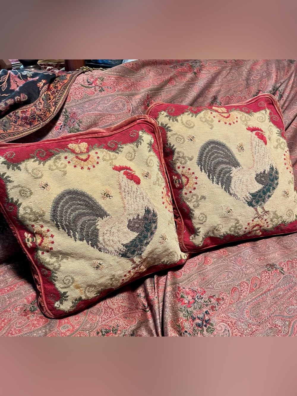 Wool Needlepoint Throw Pillows Feather Cushions Rooster Design Pair